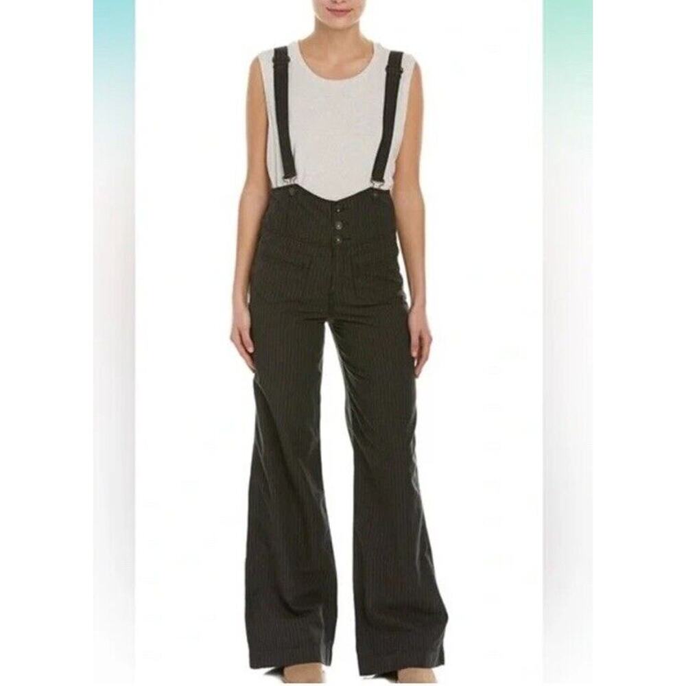 Free People Pinstripe Flare Overalls Black Denim Womens Size 4 Y2K Goth Academia
